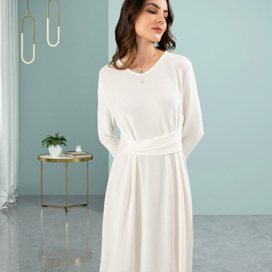 Deenadourdour® V-halsjurk met artistieke knoopversiering bij de taille